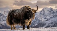Himalayan yak with long horns standing in snowy mountain landscape during winter, suitable for wildlife, nature, and travel content.