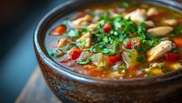Homemade chicken soup with vegetables and herbs in rustic ceramic bowl, rich broth garnished with fresh parsley for comforting meal.
