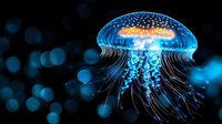 Luminescent jellyfish floating in dark waters with glowing blue and orange bioluminescent patterns, creating ethereal underwater atmosphere against blurred bokeh background.