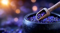 Dried lavender buds in rustic wooden scoop over dark stone bowl with purple bokeh background, aromatic herbs for spa, wellness and aromatherapy.