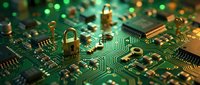 Golden padlocks on green circuit board representing cybersecurity, data protection and digital security technology concepts for business applications.