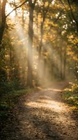 Sunlit forest path with golden light filtering through autumn foliage and trees, creating atmospheric rays and bokeh effects on a dirt trail.