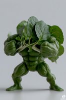 Creative food art featuring fresh spinach leaves arranged to form a muscular superhero figure standing in a powerful stance against light background.
