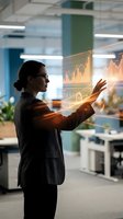 Professional businesswoman interacting with holographic data visualization and financial charts in modern office environment for business analytics.