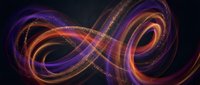 Abstract infinity symbol with glowing purple and orange light trails creating dynamic energy flow on dark background for modern digital design projects.
