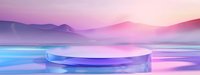 Minimalist product display podium with gradient purple pink background and mountain silhouettes for modern brand presentation and marketing design.