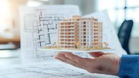 Modern residential building hologram floating above architect hand with blueprint background shows innovative construction visualization technology.