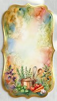 Watercolor cooking frame with golden ornate border, fresh herbs, vegetables, and copper cookware on soft pastel background, suitable for recipe cards, kitchen decor, and culinary designs.