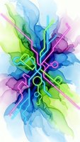 Abstract watercolor burst with neon circuit board pattern in vibrant blues, greens and purples on white background for modern tech design projects.