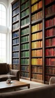 Elegant home library with floor-to-ceiling wooden bookshelves filled with colorful vintage books, cozy reading area with leather armchair and coffee table.