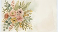 Vintage floral arrangement with roses, ferns, and botanical elements in soft peachy and green tones on cream background for wedding and design projects.
