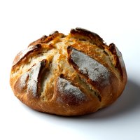 Freshly baked artisanal sourdough bread loaf with crispy golden-brown crust and distinctive scoring pattern on white background, close-up food photography.
