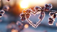 Frozen tree branches form natural heart shape with frost crystals at sunrise, creating romantic winter scene with soft bokeh background and morning light.