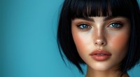 Young woman with black bob haircut, freckles, and striking blue eyes against turquoise background. Close-up portrait showcasing natural makeup and full lips. Fashion and beauty concept.
