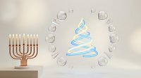 Modern holiday celebration with menorah and neon Christmas tree surrounded by floating bubbles on neutral background for festive seasonal decor.