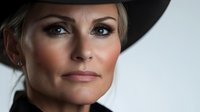 Elegant mature woman wearing black hat and natural makeup looking confidently at camera against light background, fashion portrait in soft lighting.