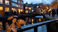 Autumn leaves on railing by canal at dusk, with glowing windows of historic buildings and bokeh lights reflecting in dark water, creating moody atmosphere.