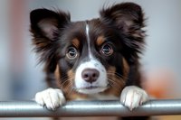Curious tricolor Border Collie puppy peeking over metal railing with adorable expression, white paws and distinctive facial markings against blurred background.
