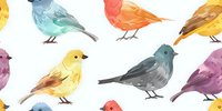 Colorful songbirds in watercolor style arranged in seamless pattern. Small birds in pastel blue, yellow, coral and purple tones on white background.