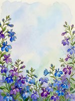 Watercolor floral frame with blue and purple wildflowers on soft pastel background, copy space for greeting cards and invitations.