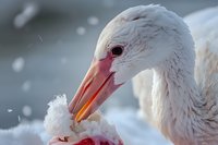 White stork close-up feeding in winter snow, showing detailed head, pink beak and eye against blurred background. Wildlife nature photography in cold weather.