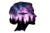 Female profile silhouette with double exposure effect showing night forest and UFO against purple galaxy sky, mystical nature concept artwork for fantasy designs.