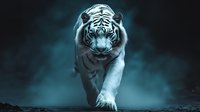Majestic white tiger prowling through misty dark atmosphere with glowing blue eyes and intense gaze, dramatic lighting creates mysterious mood against foggy background.