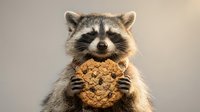 Adorable raccoon holding chocolate chip cookie with both paws, cute wildlife animal portrait on neutral background for commercial use.