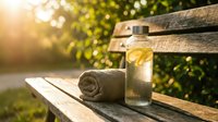 Refreshing lemon water in glass bottle with rolled towel on wooden bench in sunny garden setting, perfect for wellness and lifestyle content.
