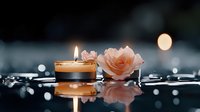 Glowing candle and delicate pink rose on reflective dark surface with bokeh lights creating romantic atmosphere for spa, wellness, or meditation setting.