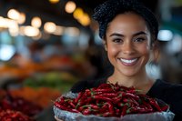 Young African American woman vendor smiling while holding fresh red chili peppers at farmers market. Natural lighting creates warm ambiance with bokeh background.