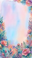 Watercolor floral border frame with pink, purple, and blue flowers, leaves, and decorative swirls on isolated white background. Suitable for invitations, greeting cards, and design projects.