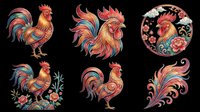 Colorful rooster illustrations with ornamental details, isolated on transparent background. Ready for t-shirt design, clipart, stickers, sublimation, and print-on-demand products.