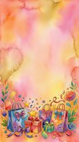 Soft watercolor gradient background in warm peachy, pink, and yellow tones with festive shopping bags, wrapped gifts, stars, and floral elements at bottom. Suitable for greeting cards, invitations, and celebrations.