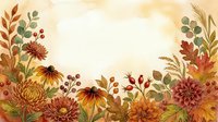 Autumn floral border with chrysanthemums, wheat, berries and colorful leaves on warm beige background for seasonal greeting cards and fall decorations.