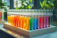 Colorful array of test tubes containing rainbow-colored liquids arranged in gradient order on laboratory tray, demonstrating spectrum analysis in scientific research setting.
