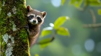 Curious raccoon peeking from behind mossy tree trunk in forest setting with soft bokeh background and green foliage, creating playful wildlife scene.