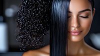 Young woman with contrasting hairstyles showing natural curly texture on one side and straight sleek hair on other side, demonstrating hair transformation and styling options.
