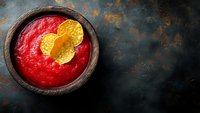 Fresh red smoothie bowl topped with yellow citrus slices in rustic wooden bowl on dark textured background with copy space. Food photography.