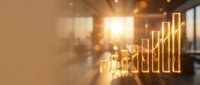 Glowing golden bar chart overlay on blurred office interior with sunlight, representing financial growth, business analytics, and investment success for corporate presentations.