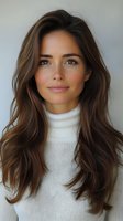 Young Caucasian woman with long wavy brown hair and highlights wearing white turtleneck sweater against neutral background for beauty and fashion concepts.