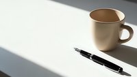 Minimalist workspace with beige coffee mug and black pen on white surface with natural shadow lighting for office and business concepts.