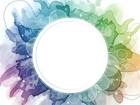 Colorful watercolor splash frame with white circle space for text, abstract artistic border design with blue green purple tones for creative projects.