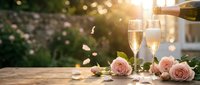 Romantic champagne celebration with pink roses and golden bokeh lights on wooden table for wedding anniversary or Valentine's Day festivities.