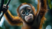 Young orangutan with expressive eyes and gentle expression swings through branches, displaying natural behavior in lush jungle environment. Close-up portrait captures innocent curiosity.