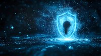 Glowing blue shield with keyhole floating in dark digital space surrounded by particles and network connections, representing cybersecurity and data protection.
