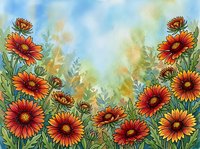 Watercolor gaillardia blanket flowers in vibrant red and orange bloom against a soft blue and golden sky background.