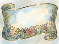 Watercolor scroll banner with gold outline, roses and floral ornaments, soft blue and beige tones, empty space for text or greeting card design.