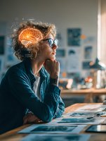 Young woman with glowing brain overlay thinking deeply at desk with documents in modern office workspace for artificial intelligence and innovation concepts.