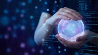 Hands holding glowing digital globe with holographic network connections and code, representing global technology, data connectivity, and innovation for business solutions.
